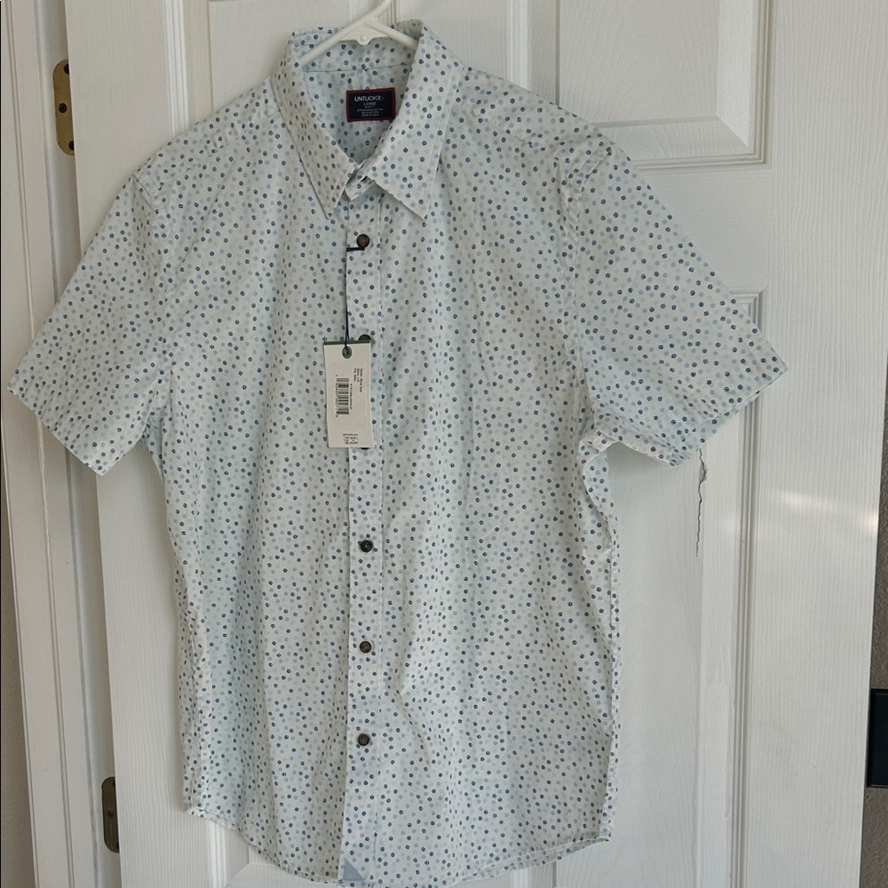 NWT UNTUCKit Mens Short Sleeve Shirt White Blue Dot 🔵 Large Preppy